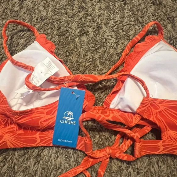 NWT women's cupshe bikini set floral Scalloped Top High Waist Bottoms size large - Picture 5 of 6